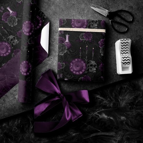 Zodiac Magic  Dark Purple Plum Gothic Skull Roses Wrapping Paper