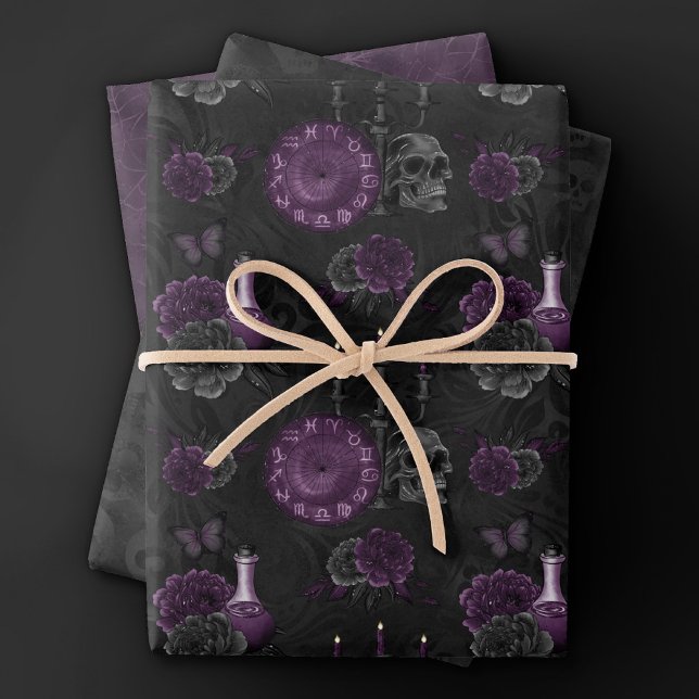 Zodiac Magic | Dark Purple Plum Gothic Skull Roses Wrapping Paper Sheets (Creator Uploaded)