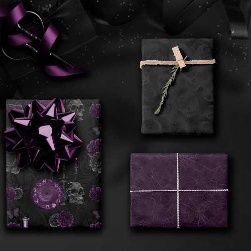 Zodiac Magic  Dark Purple Plum Gothic Skull Roses Wrapping Paper Sheets