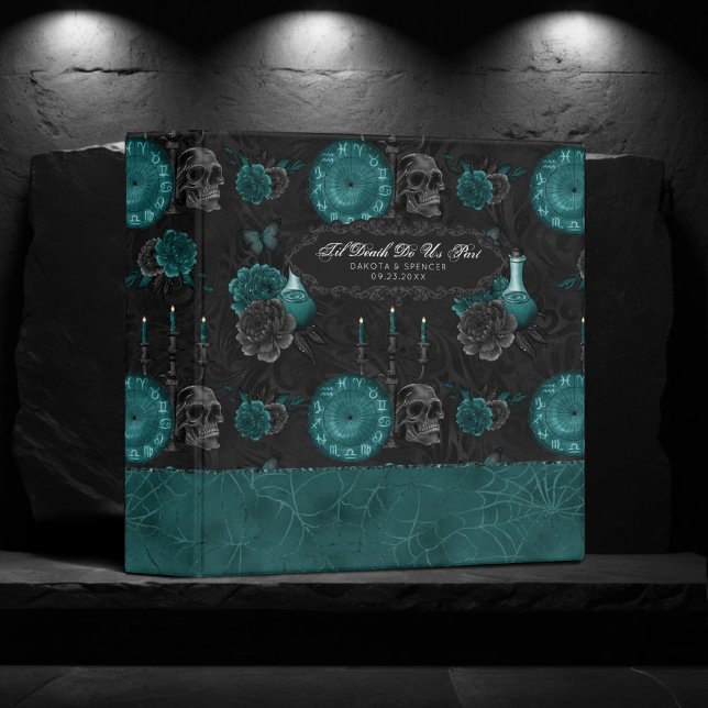 Zodiac Magic | Dark Teal Green Gothic Skull Roses 3 Ring Binder (Creator Uploaded)