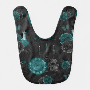 Zodiac Magic Dark Teal Green Gothic Skull Roses Baby Bib