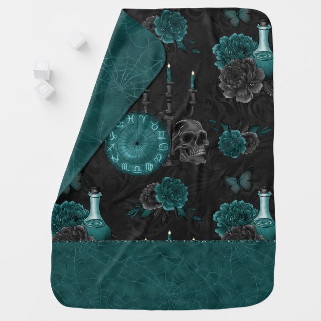 Zodiac Magic | Dark Teal Green Gothic Skull Roses Baby Blanket (In Situ)