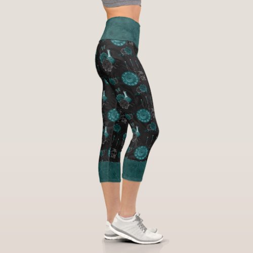 Zodiac Magic  Dark Teal Green Gothic Skull Roses Capri Leggings