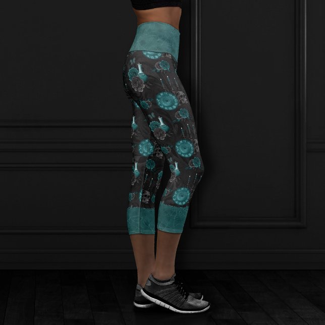 Zodiac Magic | Dark Teal Green Gothic Skull Roses Capri Leggings (Creator Uploaded)