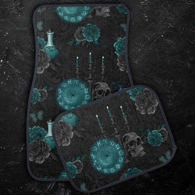 Zodiac Magic | Dark Teal Green Gothic Skull Roses Car Floor Mat (Creator Uploaded)