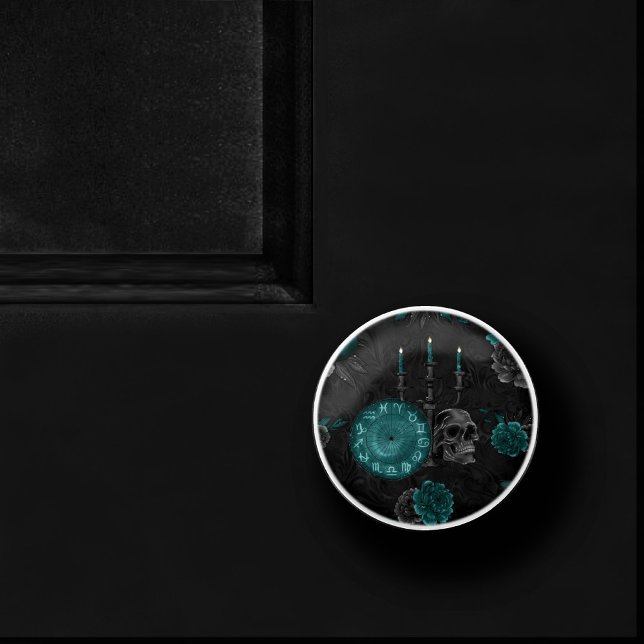 Zodiac Magic | Dark Teal Green Gothic Skull Roses Ceramic Knob (Creator Uploaded)