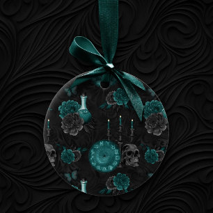 Zodiac Magic   Dark Teal Green Gothic Skull Roses Ceramic Ornament