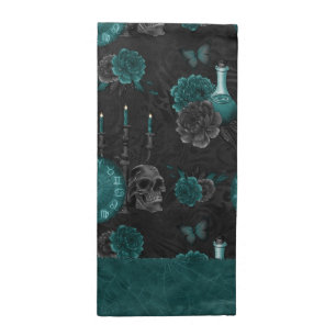 Zodiac Magic   Dark Teal Green Gothic Skull Roses Cloth Napkin