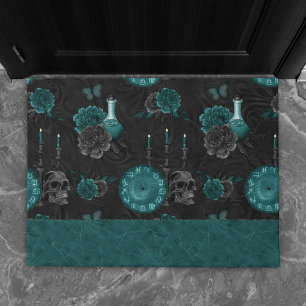 Zodiac Magic Dark Teal Green Gothic Skull Roses Doormat