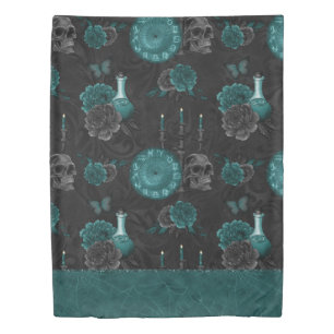 Zodiac Magic Dark Teal Green Gothic Skull Roses Duvet Cover