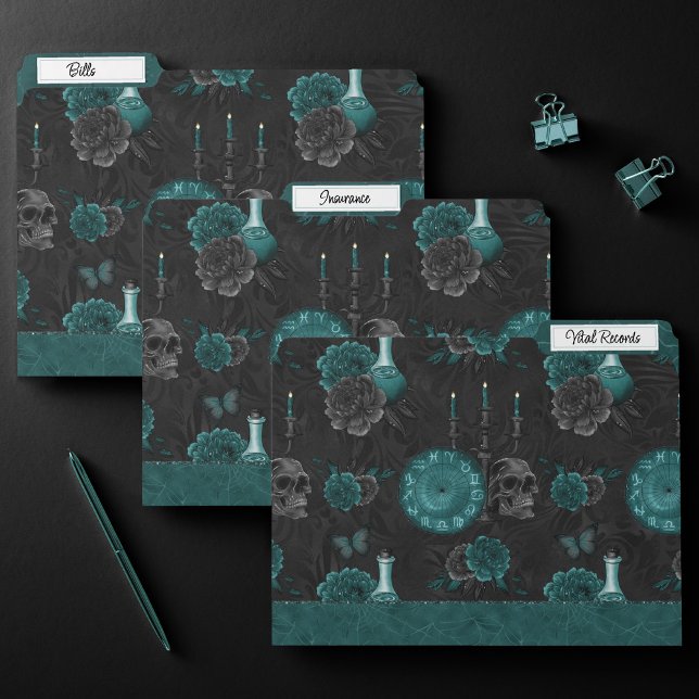 Zodiac Magic | Dark Teal Green Gothic Skull Roses File Folder (Creator Uploaded)