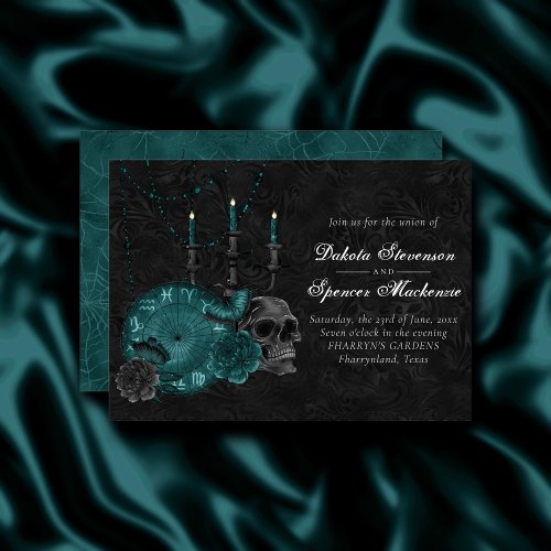 Zodiac Magic  Dark Teal Green Gothic Skull Roses Invitation