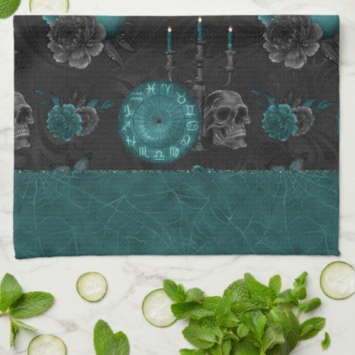 Zodiac Magic  Dark Teal Green Gothic Skull Roses Kitchen Towel