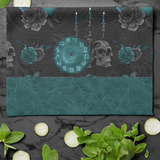 Zodiac Magic | Dark Teal Green Gothic Skull Roses Kitchen Towel (Creator Uploaded)