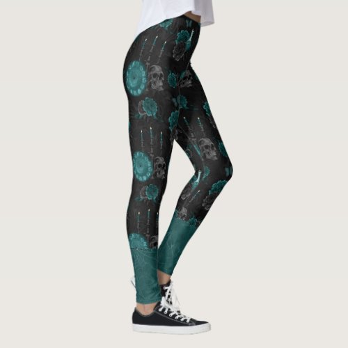 Zodiac Magic  Dark Teal Green Gothic Skull Roses Leggings