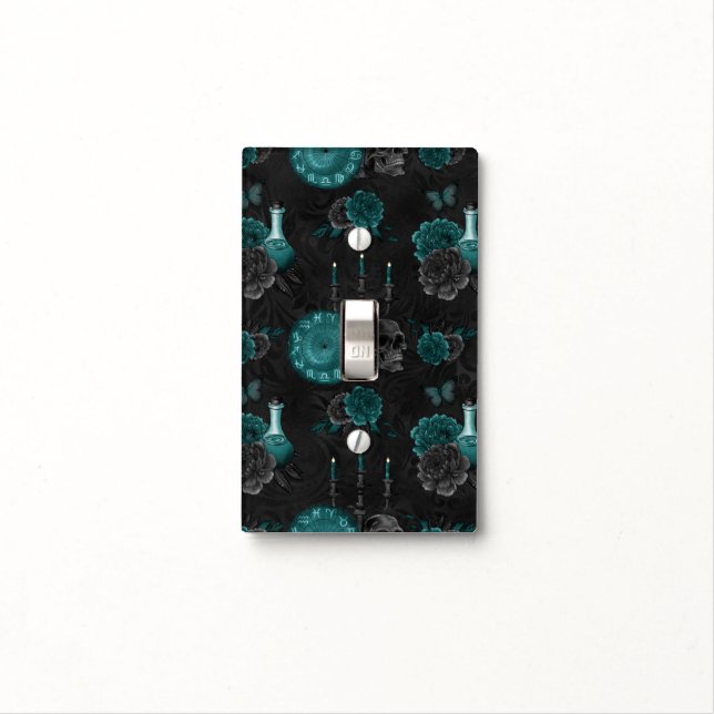 Zodiac Magic | Dark Teal Green Gothic Skull Roses Light Switch Cover (In Situ)