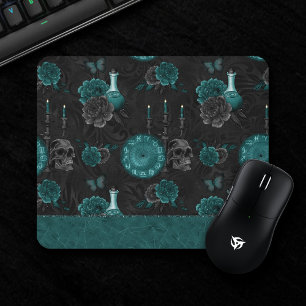 Zodiac Magic Dark Teal Green Gothic Skull Roses Mouse Pad