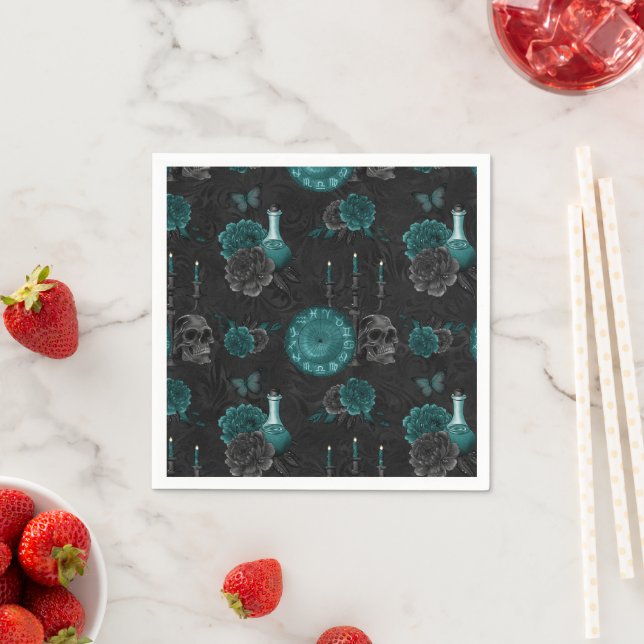 Zodiac Magic | Dark Teal Green Gothic Skull Roses Napkins (Insitu)