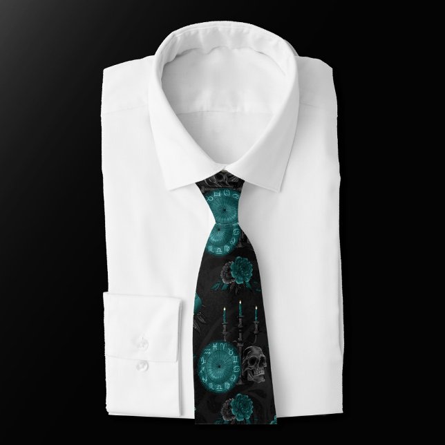 Zodiac Magic | Dark Teal Green Gothic Skull Roses Neck Tie (Creator Uploaded)