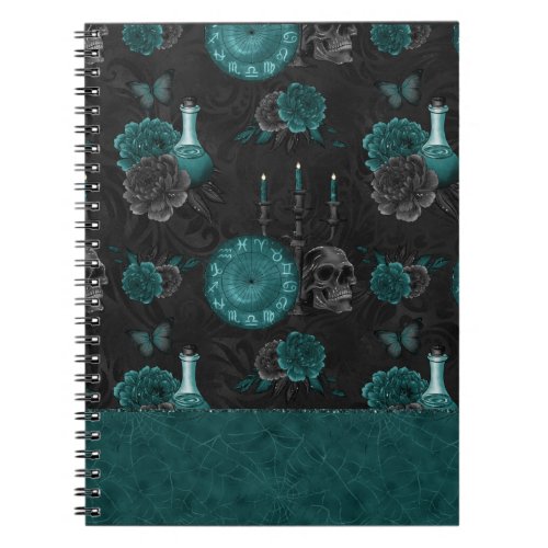 Zodiac Magic  Dark Teal Green Gothic Skull Roses Notebook