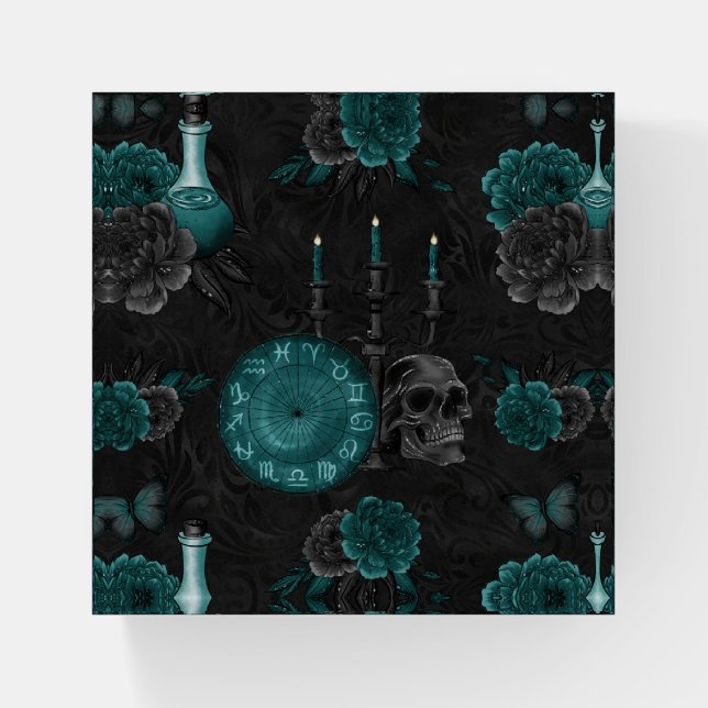 Zodiac Magic | Dark Teal Green Gothic Skull Roses Paperweight (Front)