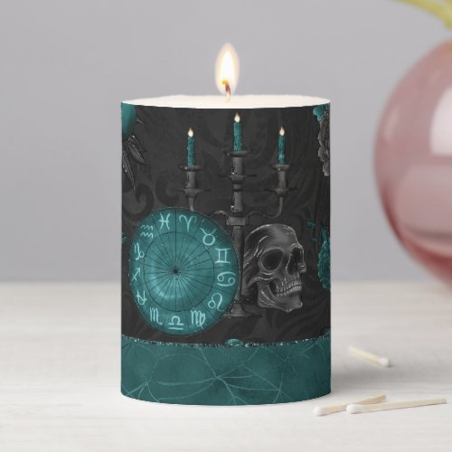 Zodiac Magic  Dark Teal Green Gothic Skull Roses Pillar Candle