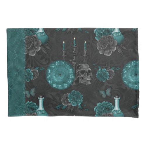 Zodiac Magic  Dark Teal Green Gothic Skull Roses Pillow Case