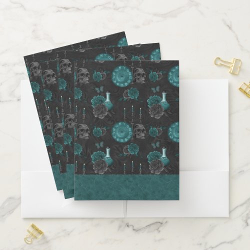 Zodiac Magic  Dark Teal Green Gothic Skull Roses Pocket Folder