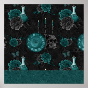 Zodiac Magic Dark Teal Green Gothic Skull Roses Poster