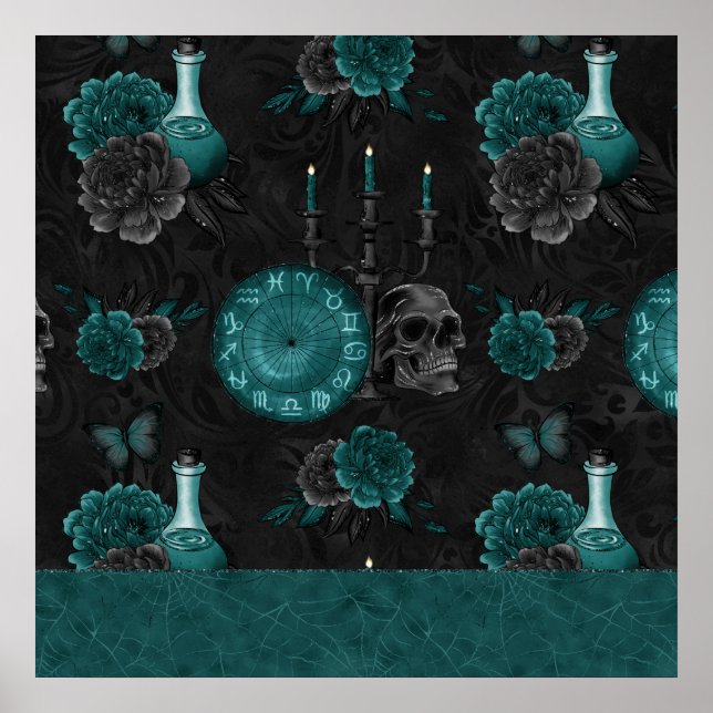 Zodiac Magic | Dark Teal Green Gothic Skull Roses Poster (Front)