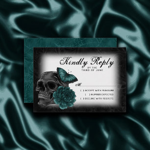 Zodiac Magic   Dark Teal Green Gothic Skull Roses RSVP Card