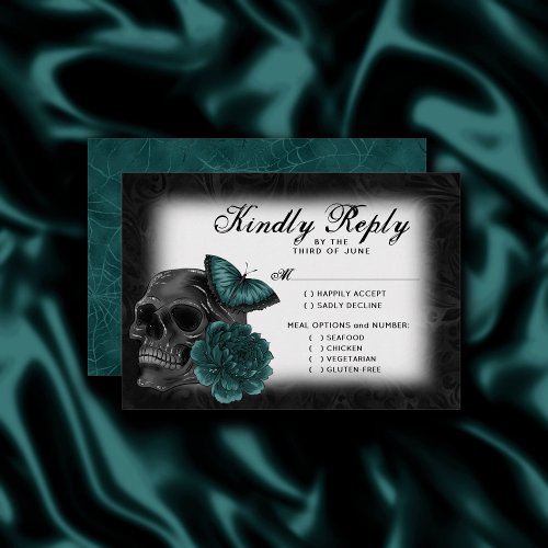 Zodiac Magic  Dark Teal Green Gothic Skull Roses RSVP Card