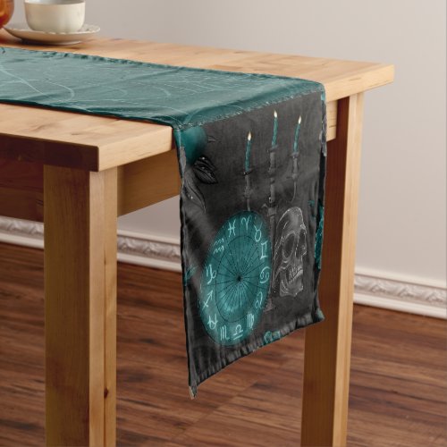 Zodiac Magic  Dark Teal Green Gothic Skull Roses Short Table Runner