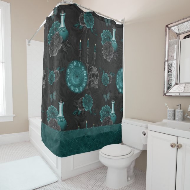 Zodiac Magic | Dark Teal Green Gothic Skull Roses Shower Curtain (In Situ)