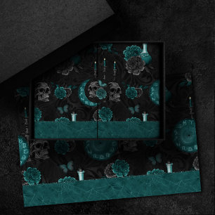 Zodiac Magic Dark Teal Green Gothic Skull Roses Tissue Paper