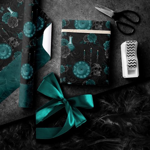 Zodiac Magic  Dark Teal Green Gothic Skull Roses Wrapping Paper