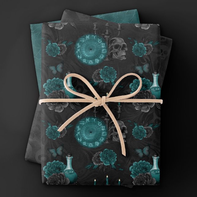 Zodiac Magic | Dark Teal Green Gothic Skull Roses Wrapping Paper Sheets (Creator Uploaded)