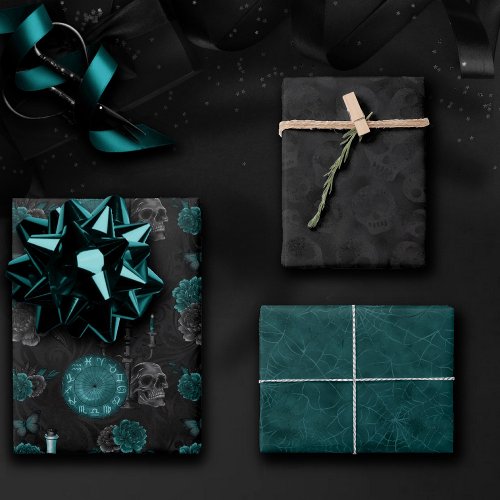 Zodiac Magic  Dark Teal Green Gothic Skull Roses Wrapping Paper Sheets
