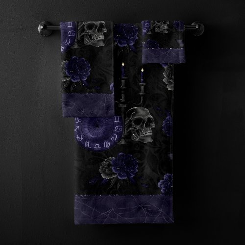 Zodiac Magic  Midnight Indigo Gothic Skull Roses Bath Towel Set