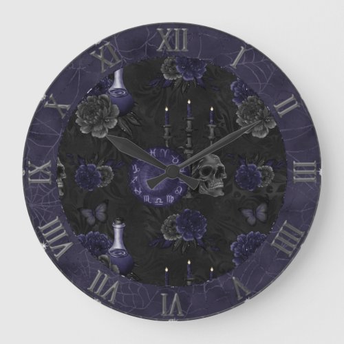Zodiac Magic  Midnight Indigo Gothic Skull Roses Large Clock