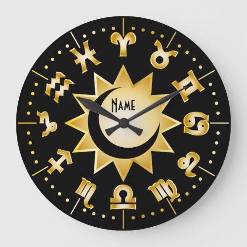 Zodiac Monogram Black Gold Sun Moon Add Your Name Large Clock