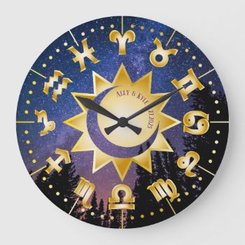 Zodiac Monogram Gold Add Your Photo Names Date Large Clock by BCMonogramMe at Zazzle