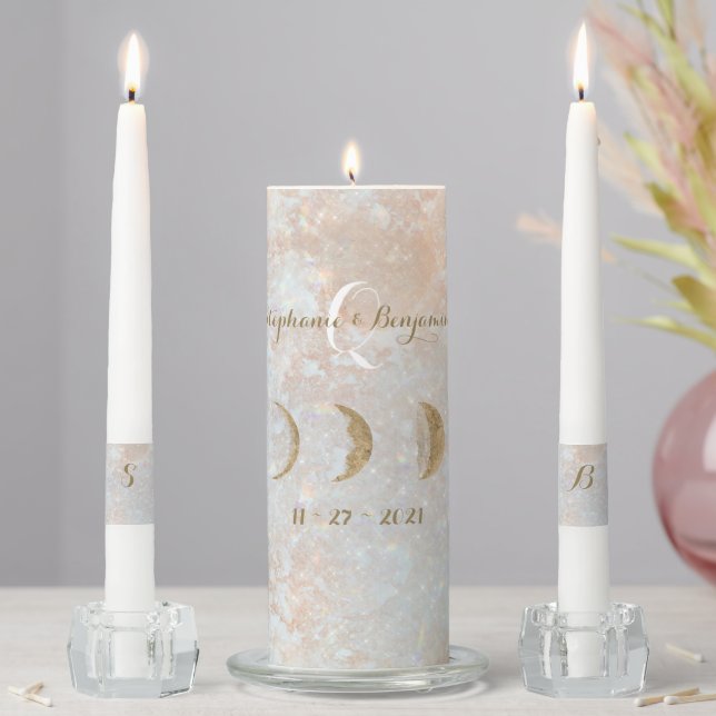 Zodiac Moon Ice Blue Celestial Gold Elegant  Unity Candle Set (In Situ)