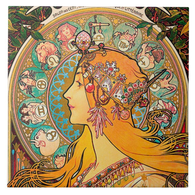 Zodiac, Mucha Ceramic Tile (Front)