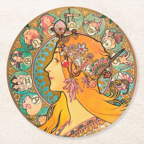 Zodiac Mucha Round Paper Coaster