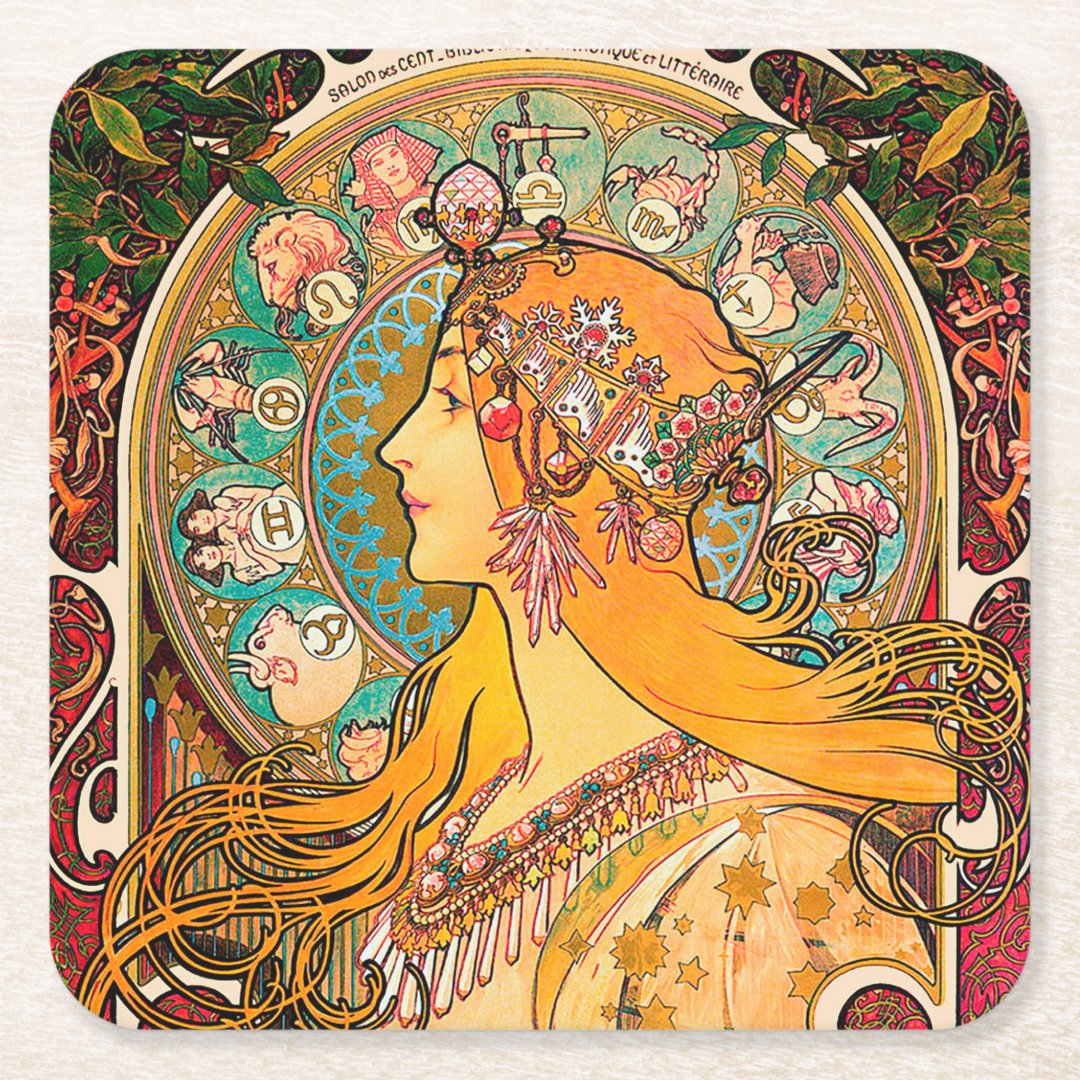 Zodiac, Mucha Square Paper Coaster | Zazzle