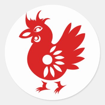 Zodiac Papercut Rooster Illustration Classic Round Sticker by paper_robot at Zazzle