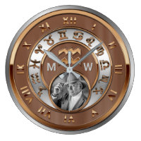 Zodiac Photo Bronze Silver Birth Monogram Aquarius Large Clock