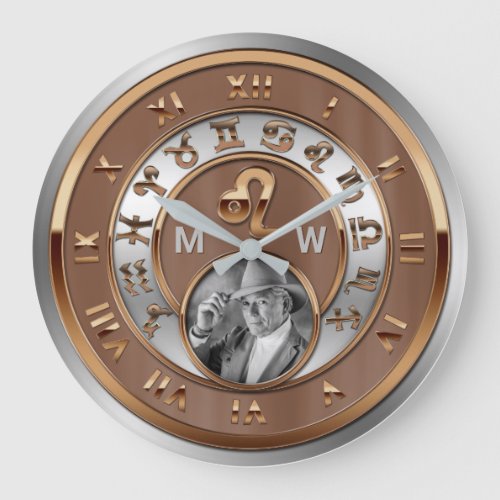 Zodiac Photo Bronze Silver Birth Monogram Leo Lion Large Clock