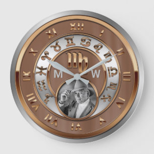 Zodiac Photo Bronze Silver Birthday Monogram Virgo Large Clock